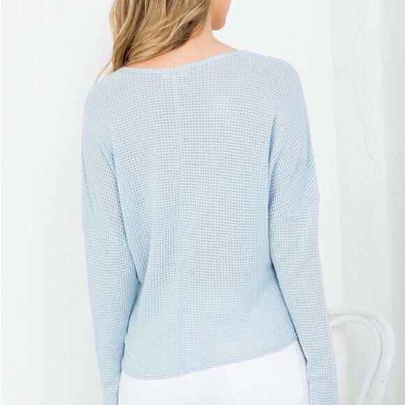 Tie Front Soft Waffle Knit V-Neck Light Blue Long Sleeves Top - Picture 2 of 3